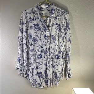 Cynthia Rowley Floral Button-Up Blouse - White and Blue